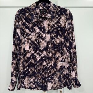 Barneys New York 100% Silk Snake‎ Skin Print Blouse Size Small Navy Tan